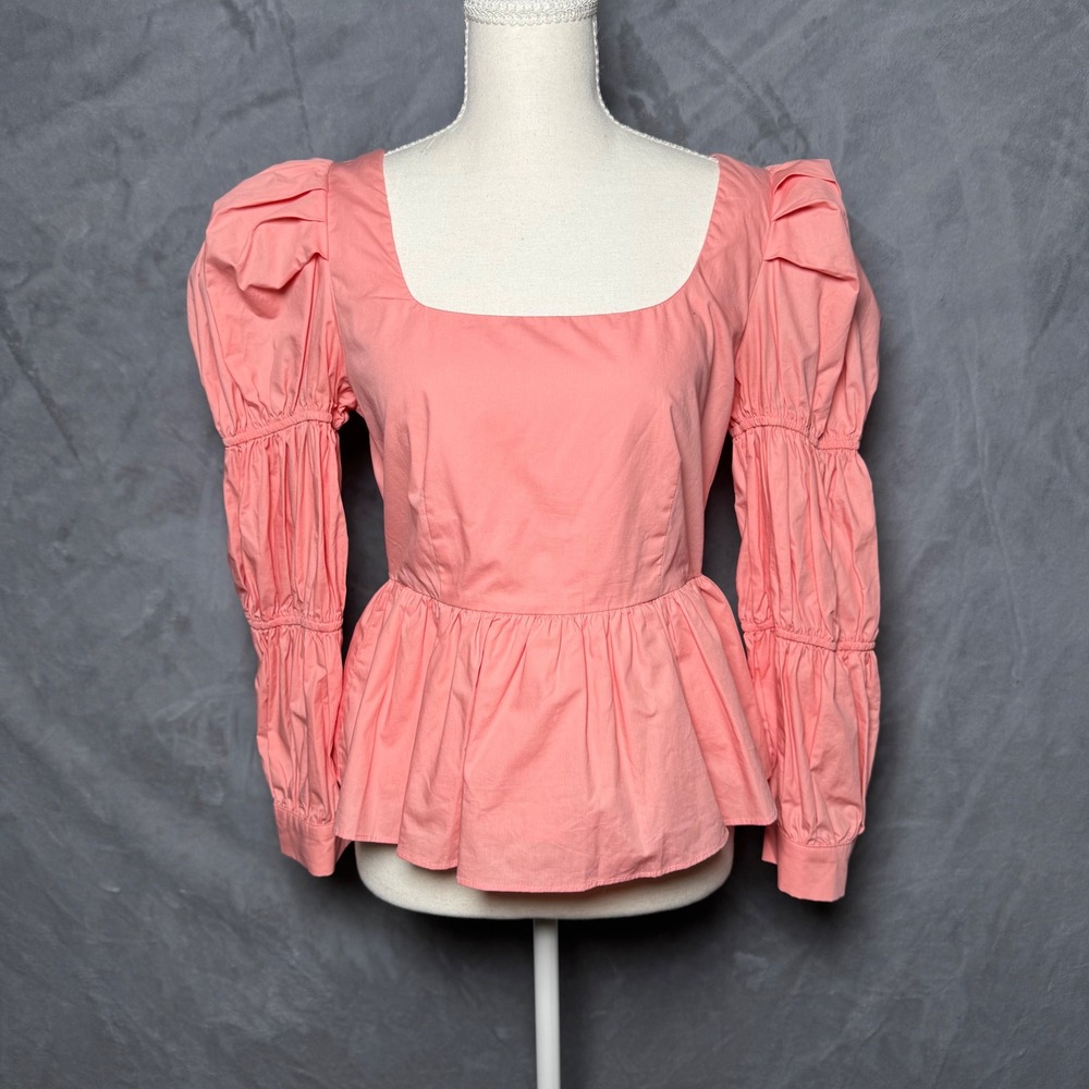 Hyacinth House XS Coral Puff Sleeve Square Neck Coquette Romantic Peplum Top